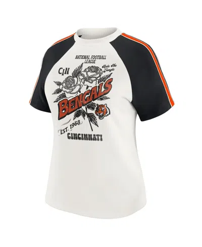 Wear By Erin Andrews Women's White Cincinnati Bengals Sleeve Stripe Distressed Raglan T-shirt In White