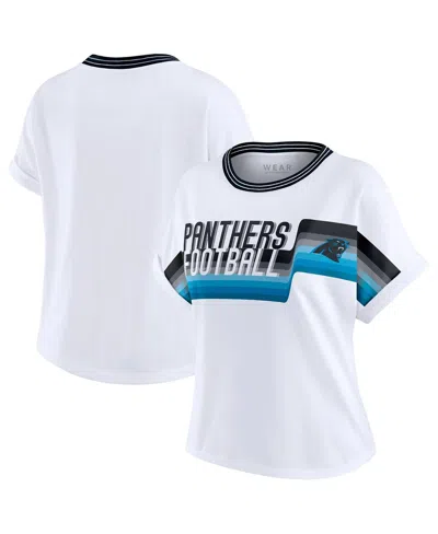 Wear By Erin Andrews Women's White Carolina Panthers Cropped Center Stripe Dolman T-shirt In White