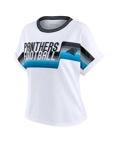 Wear By Erin Andrews Women's White Carolina Panthers Cropped Center Stripe Dolman T-shirt In White