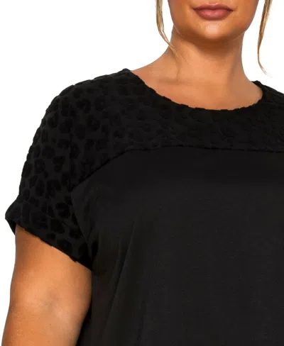 Coin 1804 Plus Size Cheetah Burnout Contrast Yoke Dolman Top In Black