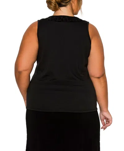 Coin 1804 Plus Size Cheetah Burnout Contrast Neck Inset Tank Top In Black