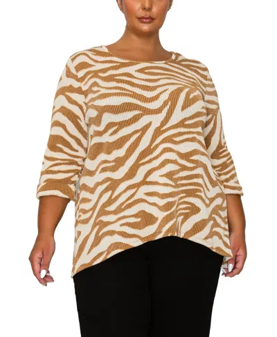 Coin 1804 Plus Size Textured Zebra Button Back Top In Brown