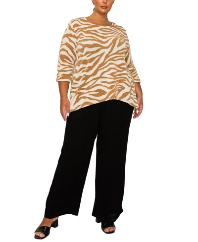 Coin 1804 Plus Size Textured Zebra Button Back Top In Brown