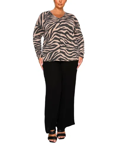 Coin 1804 Plus Size Textured Zebra V Neck Dolman Top In Animal Print