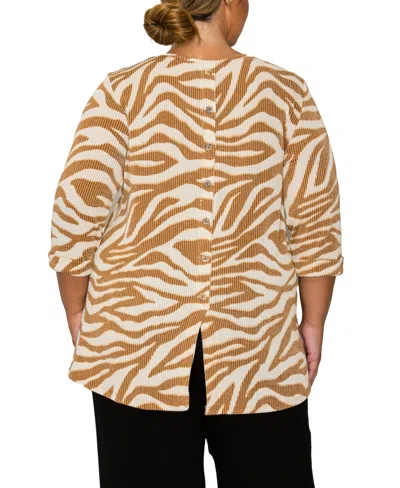 Coin 1804 Plus Size Textured Zebra Button Back Top In Brown