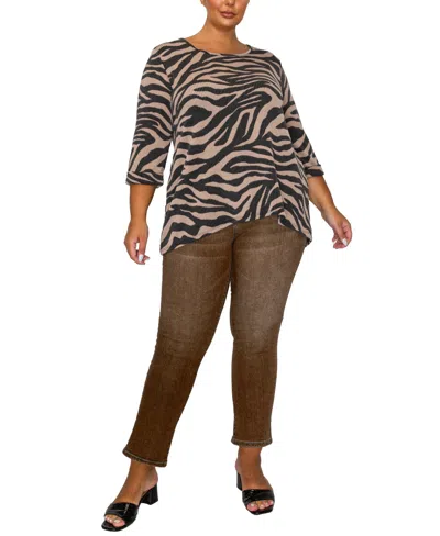 Coin 1804 Plus Size Textured Zebra Button Back Top In Brown