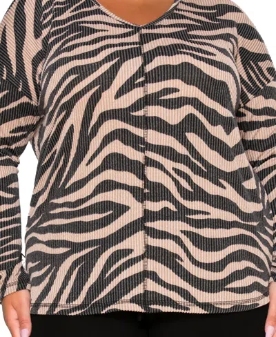 Coin 1804 Plus Size Textured Zebra V Neck Dolman Top In Animal Print
