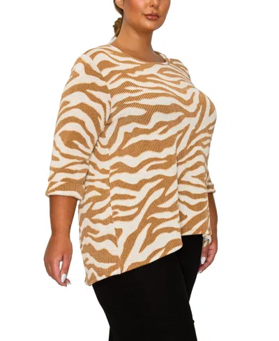 Coin 1804 Plus Size Textured Zebra Button Back Top In Brown