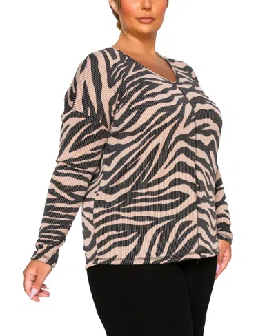 Coin 1804 Plus Size Textured Zebra V Neck Dolman Top In Animal Print
