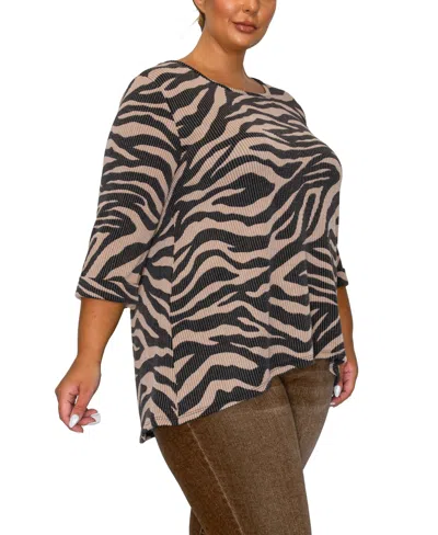 Coin 1804 Plus Size Textured Zebra Button Back Top In Brown