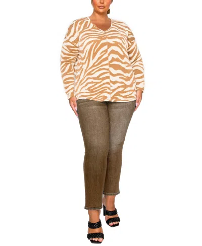 Coin 1804 Plus Size Textured Zebra V Neck Dolman Top In Brown