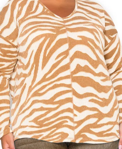 Coin 1804 Plus Size Textured Zebra V Neck Dolman Top In Brown