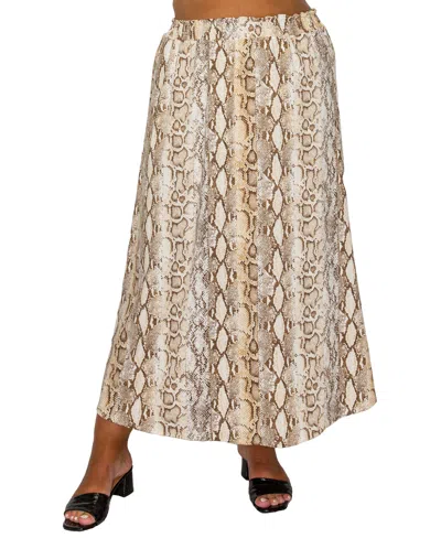 Coin 1804 Plus Size Python Elastic Waist Maxi Skirt In Brown