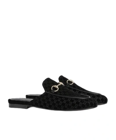 Gucci Women Princetown Gg Supreme Velvet Mule In Black