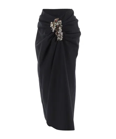 Dries Van Noten Navy Blue Draped Skirt With Brooch In Black