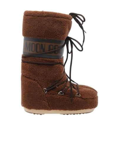 Moon Boot Icon Faux Leather-trimmed Fleece Snow Boots In Brown