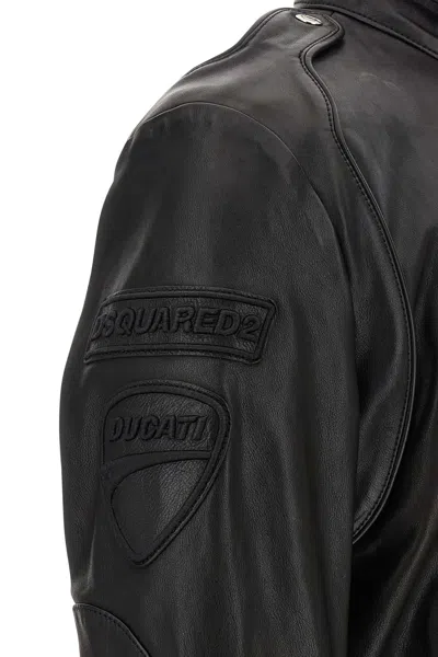 Dsquared2 Ducati X D2 Black Jacket With Mandarin Collar And Logo Embossed On The Back In Leather Man In Black