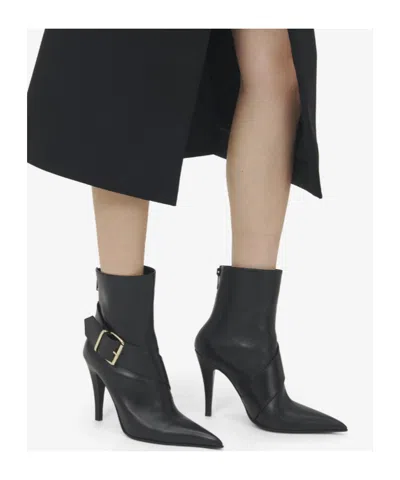 Alexander Mcqueen Calfskin Heron Buckle Heeled Boots 105 In Black