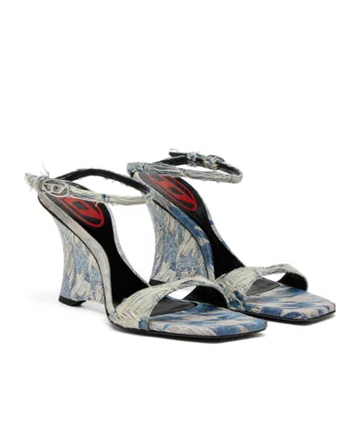 Diesel Jacquard Pattern Open Toe Wedge Sandals In Blue