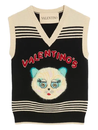 Valentino Cat Motif Wool Sleeveless Vest In Neutral