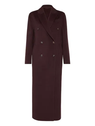 Brunello Cucinelli Hand-crafted Coat In Cashmere Double Beaver Cloth With Monili In Burgundy