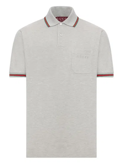 Gucci Grey Polo Shirt With Web Details And Logo Lettering On The Front In Wool Blend Man In Gray