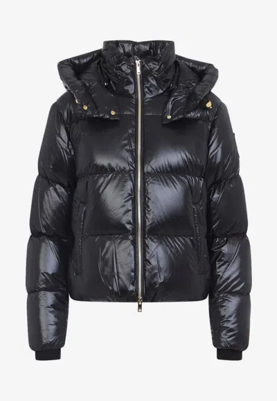 Moose Knuckles Shiny Black Puffer Jacket With High Collar And Detachable Hood In Black