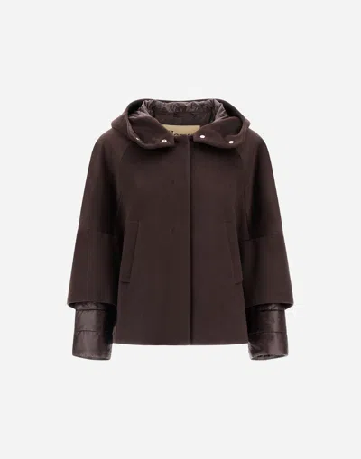 Herno Pure Cashmere Cape With Ultralight Nylon Sleeves And Cozy Hood In Brown