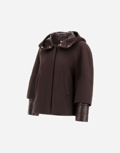 Herno Pure Cashmere Cape With Ultralight Nylon Sleeves And Cozy Hood In Brown