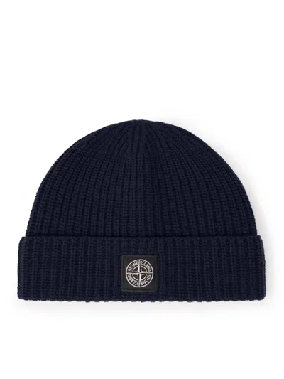Stone Island Light Wool Knitted Beanie With Compass Patch Accessories In Black