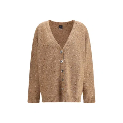 Pinko Bouclé Fabric Cardigan With Rhinestones In Brown