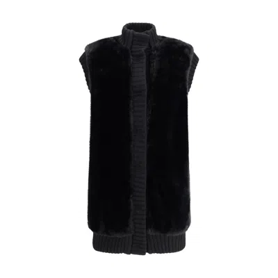 Pinko Genovese Black Sleeveless Vest With High Neck And Ribbed Details In Ecofur Woman In Black