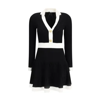 Balmain Long Sleeves V-neck Flare Knit Dress In Black