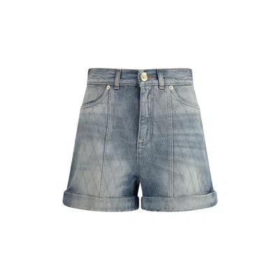 Balmain Rolled Hem Denim Shorts With Diamond Stitched Pattern In Gray