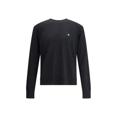 Vivienne Westwood Black Crew Necksweater With Orb Logo Embroidered On The Front In Wool Blend Man In Black