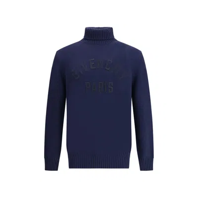 Givenchy Turtleneck Sweater In Cotton With Paris Embroidery Clothing In Blue
