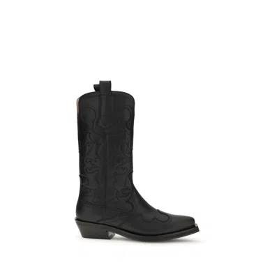 Ganni Embossed Design Mid-calf Stacked Heel Boots In Black