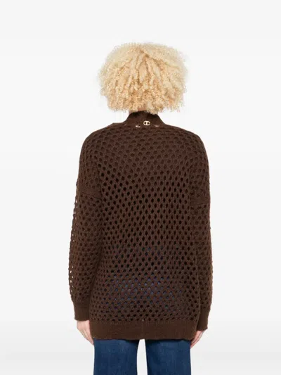 Twinset Open-knit Brown Mohair And Wool Blend Cardigan In Brown