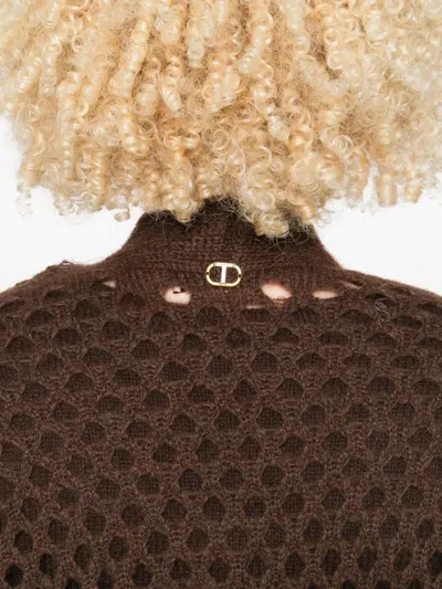 Twinset Open-knit Brown Mohair And Wool Blend Cardigan In Brown