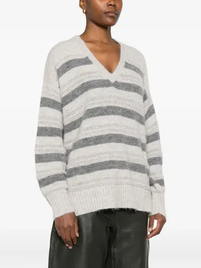 Twinset Horizontal Striped Knit Sweater With V-neckline In Gray