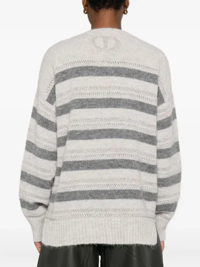 Twinset Horizontal Striped Knit Sweater With V-neckline In Gray