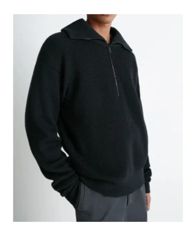 Lemaire Half Zip Sweater In Ribbed Virgin Wool In Black
