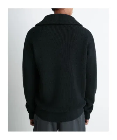 Lemaire Half Zip Sweater In Ribbed Virgin Wool In Black