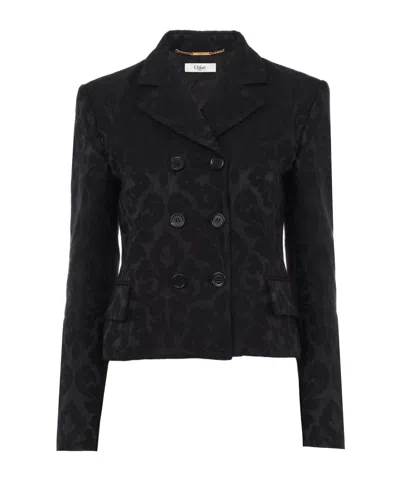 Chloé Double Breasted Floral Jacquard Wool Blend Crop Jacket In Black