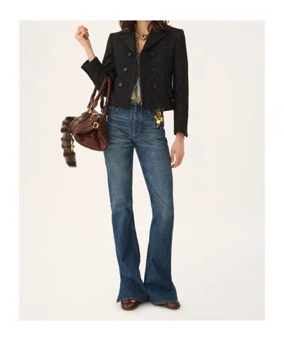 Chloé Double Breasted Floral Jacquard Wool Blend Crop Jacket In Black