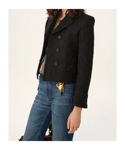 Chloé Double Breasted Floral Jacquard Wool Blend Crop Jacket In Black