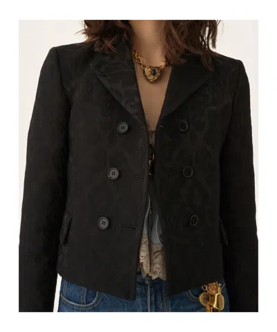 Chloé Double Breasted Floral Jacquard Wool Blend Crop Jacket In Black