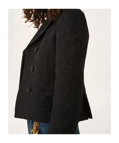 Chloé Double Breasted Floral Jacquard Wool Blend Crop Jacket In Black