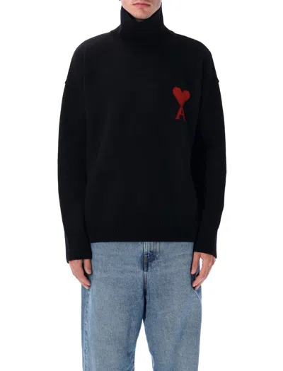 Ami Alexandre Mattiussi Relaxed Fit Black Wool Turtleneck Sweater With Graphic Heart Motif In Black