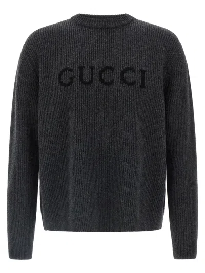 Gucci Grey Crewneck Sweater With Logo Lettering Embroidery On The Front In Wool Man In Gray